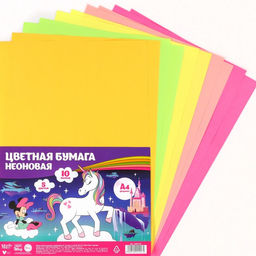 Бумага цветная неоновая, тонированная, А4, 10 листов, 5 цветов, 80 г/м2, Минни Маус и Единорог 100