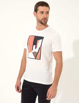 Ekru Slim Fit Bask_l_ Bisiklet Yaka Ti__rt