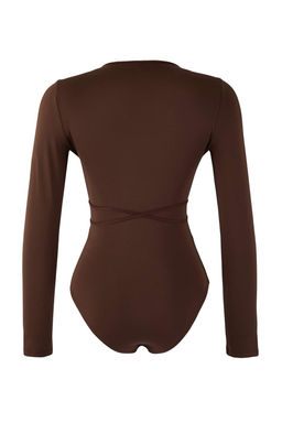 Kahverengi Duz V Yaka Uzun Orme Sandy Body TPRAW26BD00028 - Trendyolmilla фото 2