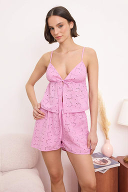 Trendyolmilla Mavi %100 Pamuklu Cicekli Astarl? Kendinden Desenli Sortlu Dokuma Pijama Tak?m? THMSS24PT00075  фото 18