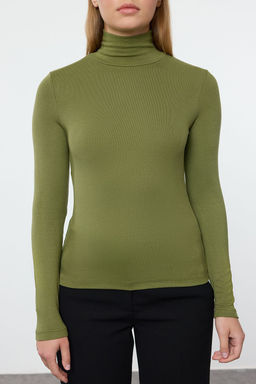 Haki Premium Yumusak Kumasl? Bal?kc? Yaka Fitted/Vucuda Oturan Esnek Orme Bluz TWOAW24BZ00119