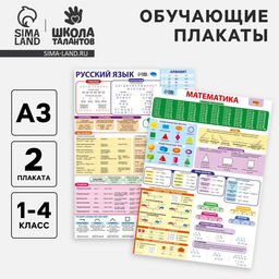 Цена за 2 шт. Набор обучающих плакатов «Русский язык и математика 1-4 класс» 2 в 1, А3