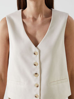 V Yaka Keten Kar???ml? Kad?n Klasik Yelek