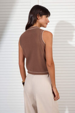 Ac?k Kahverengi Premium Iplik/Ozel Iplik Bisiklet Yaka Renk Bloklu Ince Bluz TWOSS25YE00066