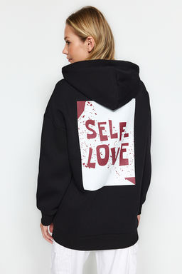 Siyah S?rt Bask? Detayl? Oversize/Genis Kal?p Kal?n Ici Polarl? Orme Sweatshirt TWOAW22SW0687
