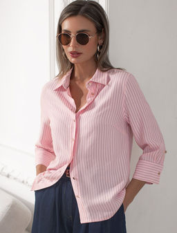 Блузка свободного силуэта в полоску с рукавом 3/4 из эластичного хлопка - Vilatte фото 7