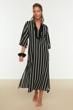 Siyah Cizgili Maxi Dokuma %100 Pamuk Puskullu Plaj Kimono&Kaftan TBESS20KM0024