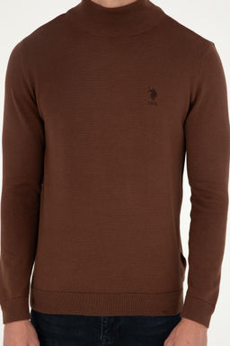 Erkek Slim Fit Yar_m Bo_azl_ Kahverengi Basic Kazak