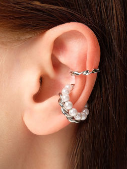 Серьги каффы Жемчужная диадема, 2 шт. белые в серебре