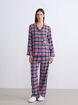 G?mlek Yaka Ekose Kad?n Pijama Tak?m?