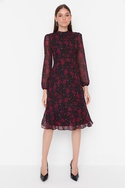 Pembe Cicekli A Kesim Dik Yaka Midi Astarl? Sifon Dokuma K?sl?k Elbise TWOAW20EL1313