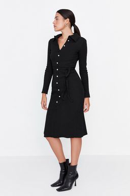 Trendyolmilla Siyah Vucuda Oturan Uzun Kol Polo Yaka Fitilli Dugmeli Esnek Midi Orme Elbise TWOAW23EL00115 фото 6