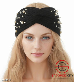 Зимняя тёплая шерстяная вязаная повязка на голову с бусинами - Bruno фото 5