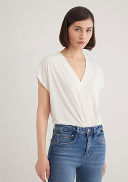 Lux Touch TENCEL TM V Yaka Beyaz Tisort - Mavi фото 4