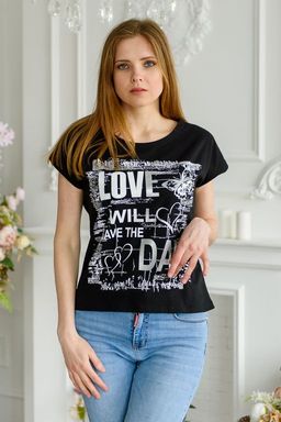 Футболка женская со спущенным плечом из кулирки Лира черный с принтом Love - Амадэль фото 4