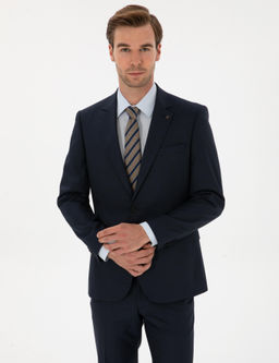 Lacivert Slim Fit Mikro Desenli Mono Yaka Tak_m Elbise - Cacharel фото 3