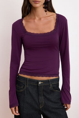 Murdum Duz Kare Yaka Uzun Orme Sandy Party Bluz TPRAW26BZ00045