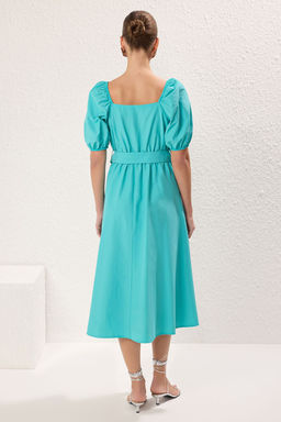 Petrol Duz Etegi Belden Ac?lan Kemerli Midi Dokuma Elbise TWOSS23EL01123