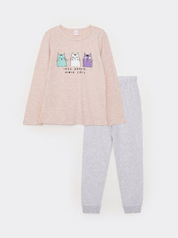 Bisiklet Yaka Bask?l? Uzun Kollu K?z ?ocuk Pijama Tak?m?