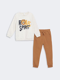 Bisiklet Yaka Bask?l? Erkek Bebek Sweatshirt ve E?ofman Alt 2li