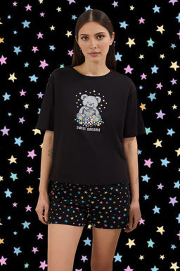 Trendyolmilla Siyah-Cok Renkli %100 Pamuklu Ay?c?k ve Y?ld?z Bask?l? Sortlu Orme Pijama Tak?m? THMSS25PT00350