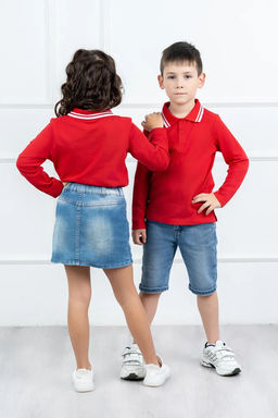 Футболка детская Поло, длин. рукав, цвет Красный, пике карде, 100% хлопок - 5+ фото 2