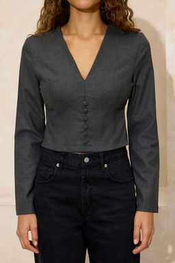 Antrasit Dugme Detayl? V Yaka Dokuma Bluz TWOSS26BZ00086 - Trendyolmilla фото 3