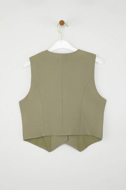 Haki Fitted Keten Gorunumlu Kruvaze Kapamal? Crop Yelek TWOSS25YE00122