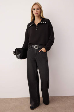 Siyah Kal?n Sardonsuz C?tc?t Detayl? Relaxed/Rahat Kesim Orme Sweatshirt TWOAW26SW00010 - Trendyolmilla фото 2