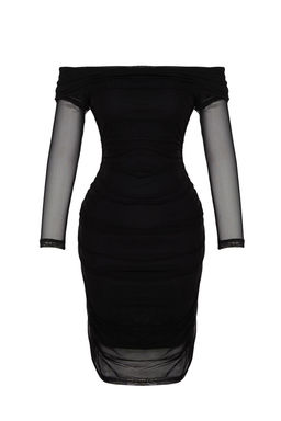 TRENDYOLMILLA Siyah Tul Buzgu/Drape Detayl? Vucuda Oturan Carmen Yaka Midi Orme Kalem Esnek Elbise TWOAW24EL00146 фото 8