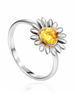 Нежное кольцо с ярко-лимонным янтарём Ромашка
