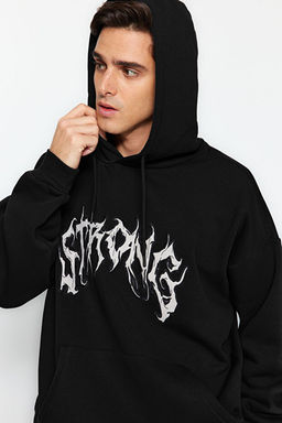 Siyah Oversize/Geni_ Kesim __i Polarl_ Kap__onlu Yaz_ Nak__l_ Sweatshirt TMNAW24SW00029 - Trendyolmilla фото 2