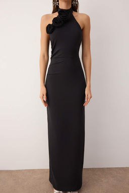 Siyah Gul Detayl? Dokuma Uzun S?k Abiye Gece Mezuniyet Elbisesi TPRSS24AE00011