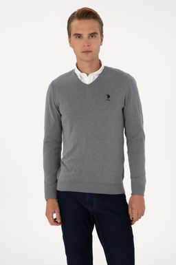 Erkek Slim Fit V Yaka Gri Melanj Basic Kazak