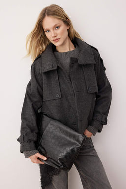 Koyu Gri Diagonel Kruvaze Oversize Midi Kase Kaban TWOAW26KB00040 - Trendyolmilla фото 5