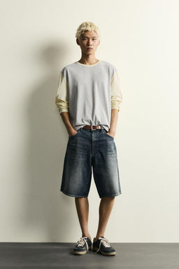 BERMUDA DENIM BAGGY FIT COMBINADO CUERO / Azul