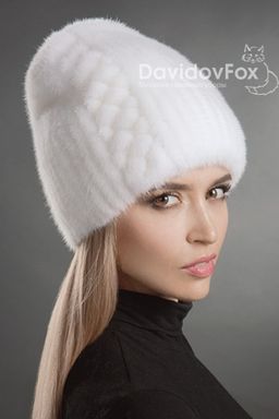 Шапка Бини норка орнамент белая