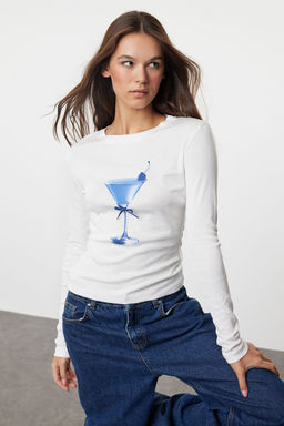 Teen Ekru Bask? ve Fiyonk Detayl? Fitted/Vucuda Oturan Orme Bluz TWOAW25BZ00126