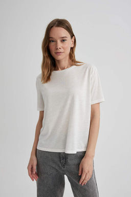 Футболка Relax Fit с круглым вырезом из блестящей ткани с короткими рукавами - Defacto фото 3