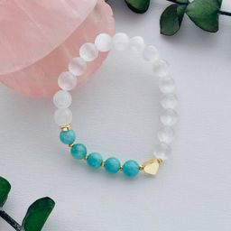 Браслет из Селенита и Амазонита со вставкой "Сердце" 17 см