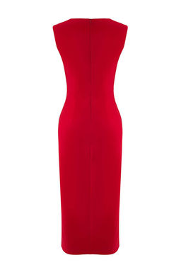 K?rm?z? Kemerli Duz Aksesuar Detayl? Midi Dokuma Elbise TWOAW26EL00073