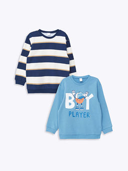 Bisiklet Yaka Bask?l? Uzun Kollu Erkek ?ocuk Sweatshirt 2li