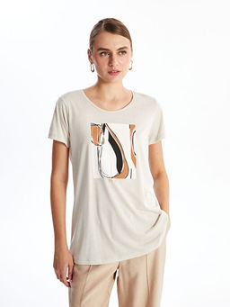 Bisiklet Yaka Bask?l? Kad?n Ti??rt