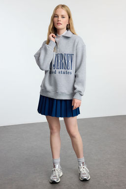 TRENDYOLMILLA Gri Melanj Oversize Kal?p Kal?n ici Polarl? Slogan Bask?l? Fermuarl? Orme Sweatshirt TWOAW25SW00134 фото 7