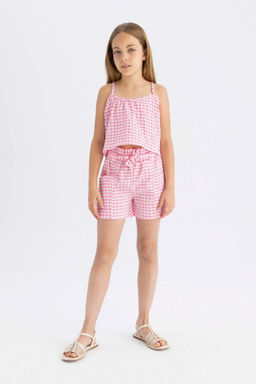 Клетчатые шорты из бумажного пакета для девочек - Defacto фото 2