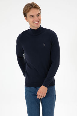 Erkek Slim Fit Bo_azl_ Lacivert Melanj Basic Kazak