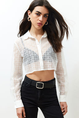 Ekru Dantelli Crop Regular Normal Kal?p Dokuma Gomlek TWOSS24GO00054