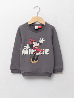 Bisiklet Yaka Uzun Kollu Minnie Mouse Bask?l? Pamuklu K?z Bebek Sweatshirt