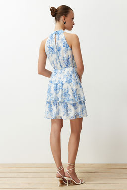 Beyaz Cicek Desenli A-Kesim Boho Kat Kat Astarl? Sifon Ucus Ucus Dokuma Mini Elbise TWOSS23EL02056