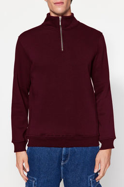 Bordo Regular/Normal Kesim Dik Yaka Fermuarl? Ici Polar/S?cak Tutan Basic Sweatshirt TMNAW24SW00041